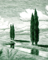 Paesaggio con cipressi e nubi